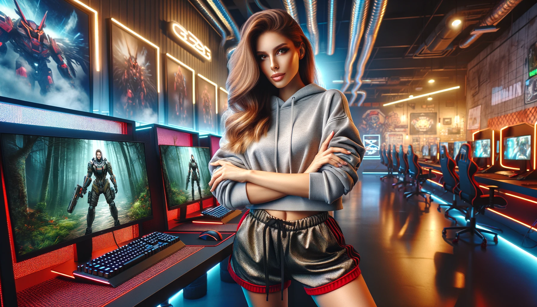 a female gamer in a gaming center, striking a confident pose with her arms crossed