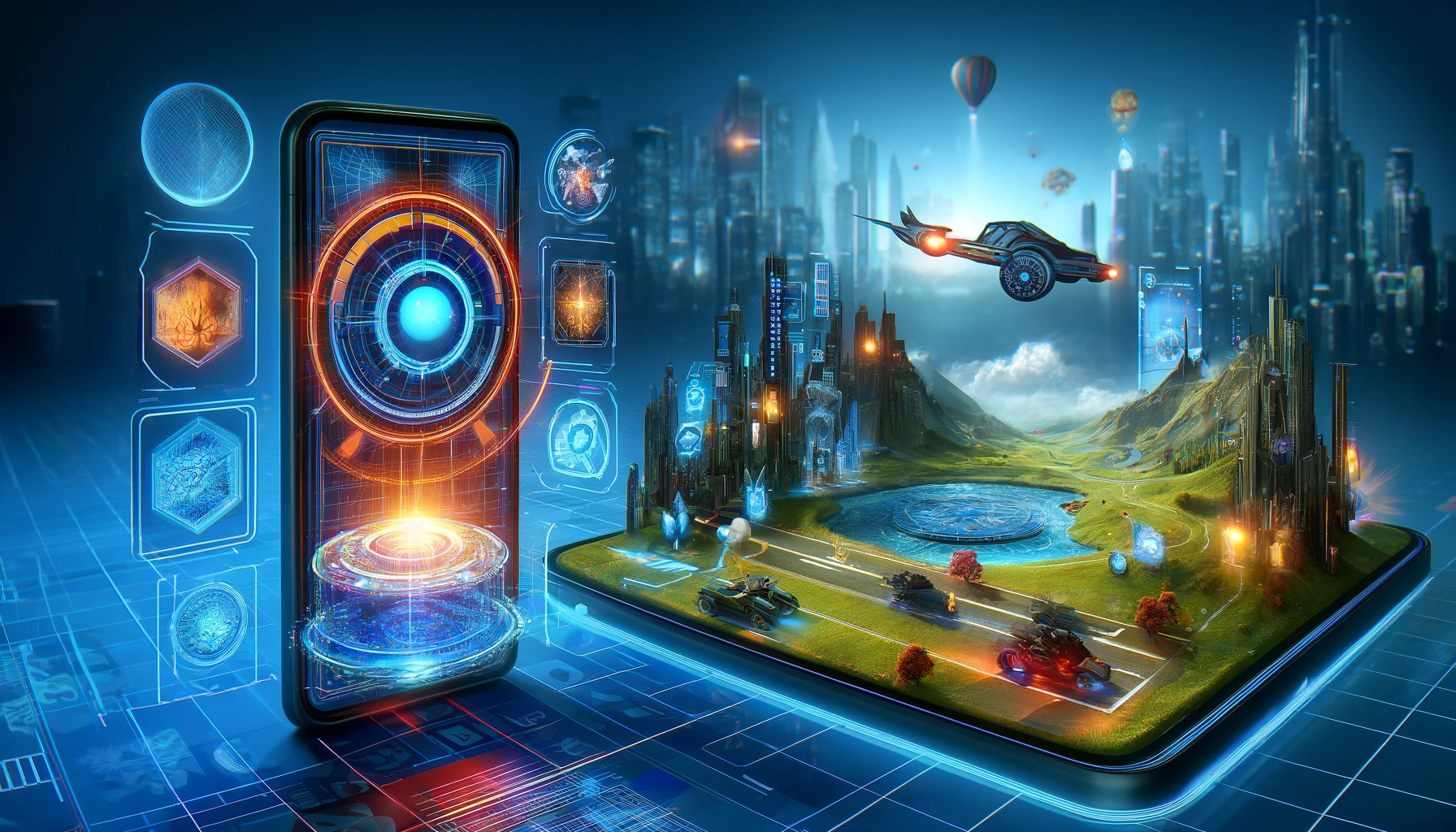  A high-tech mobile device displaying an immersive game interface with advanced graphics. 