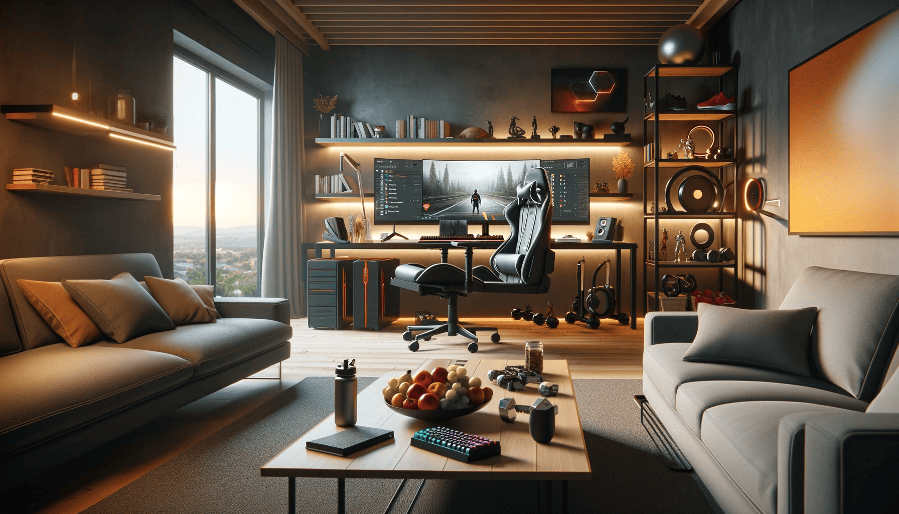 A photorealistic scene of a modern gaming room featuring an ergonomic gaming chair, a high-end gaming desk with multiple monitors, and a sleek gaming PC. 