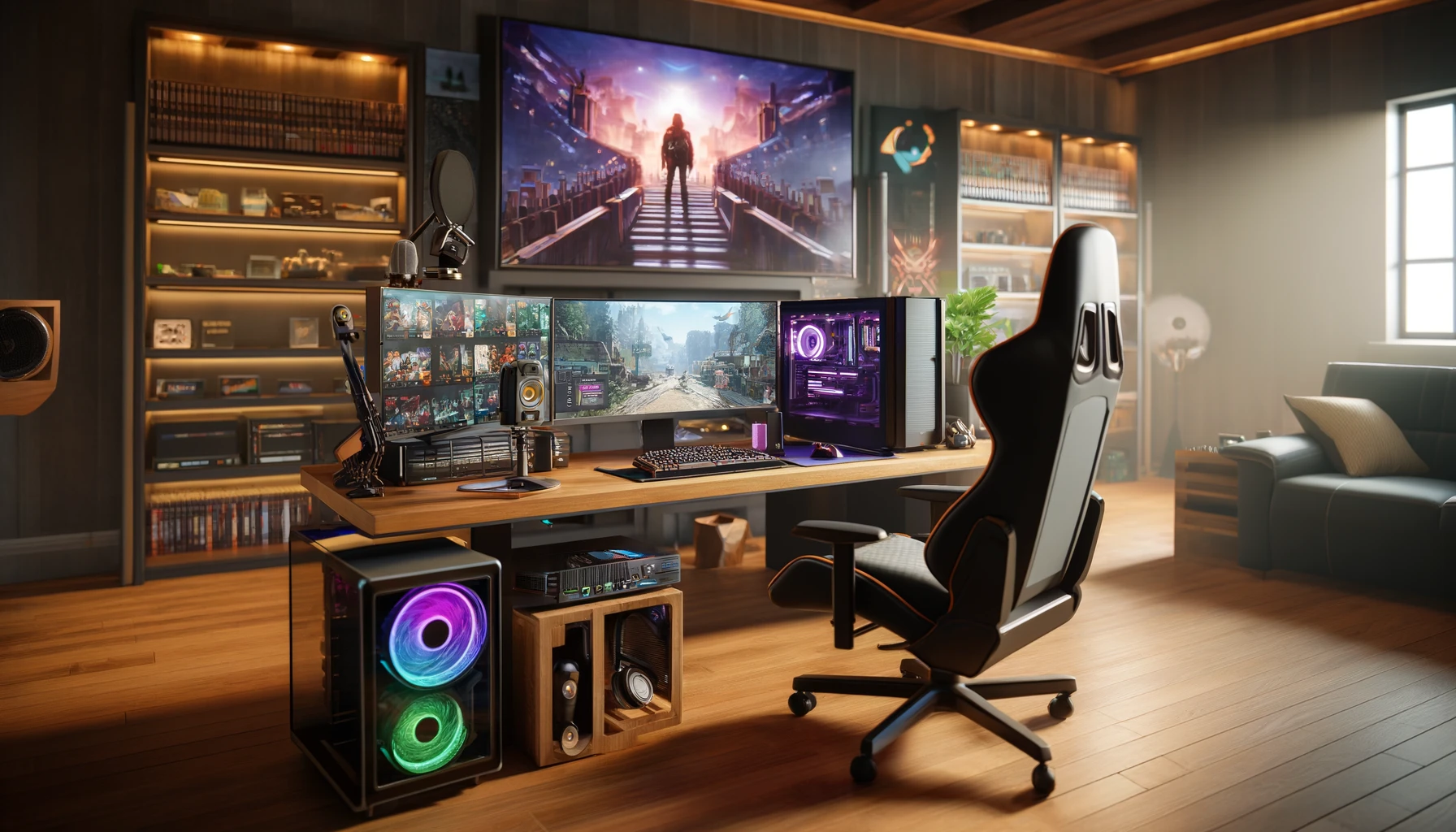 A photorealistic scene of a high-end gaming setup with a sleek gaming PC, multiple monitors displaying a vibrant game, and an ergonomic gaming chair. 