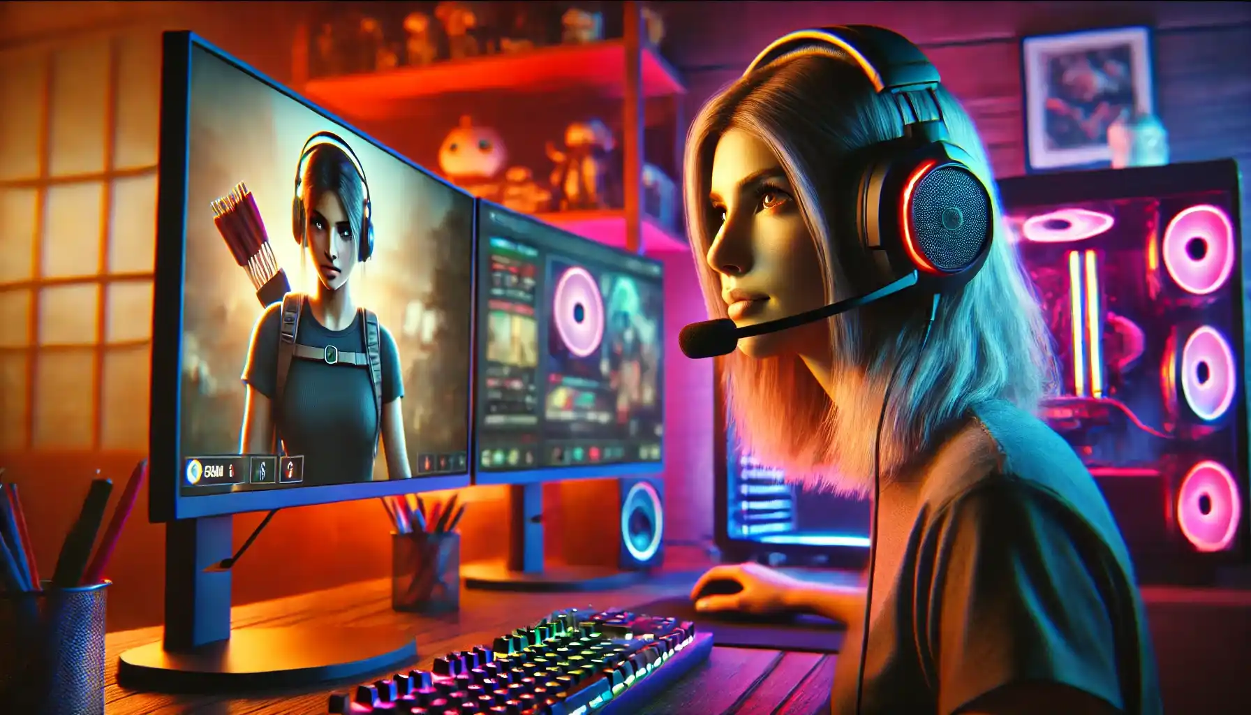 A close-up view of a girl streaming games, wearing a headset with a microphone, illuminated by vibrant RGB lighting from her gaming setup.