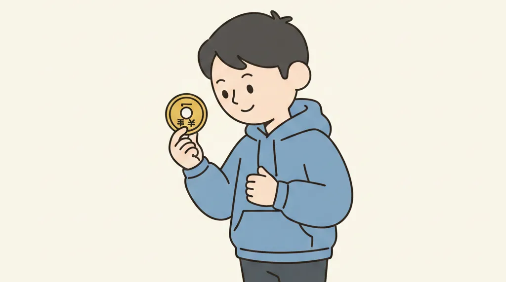 a young man looking at the Japanese coin