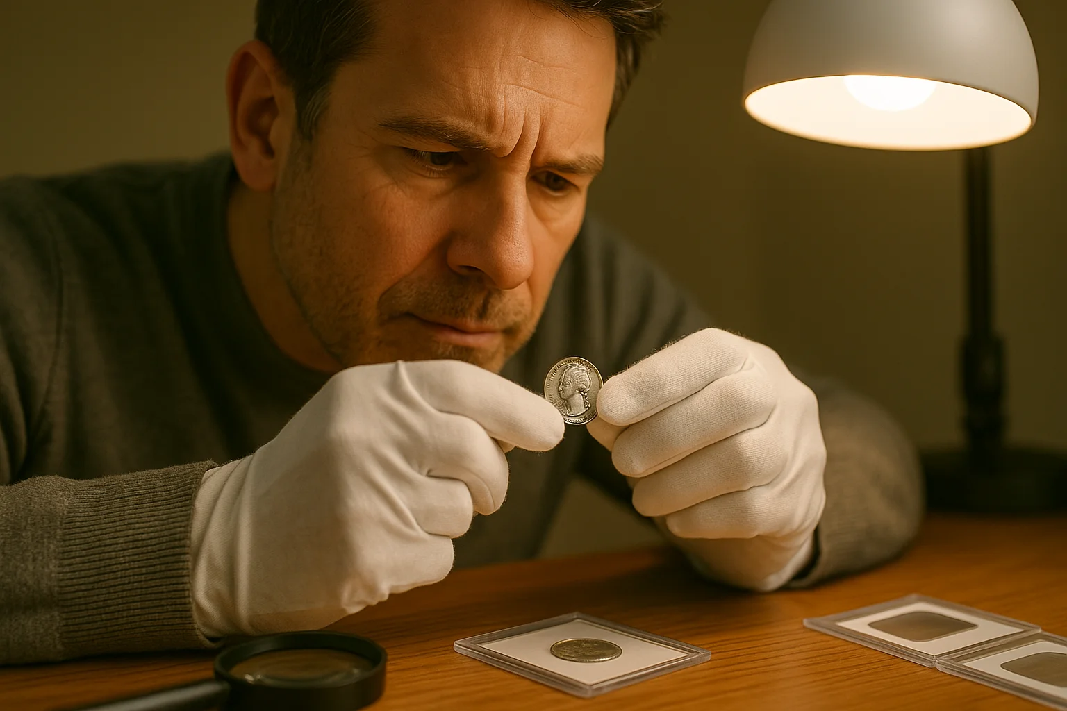 A coin collector wearing white gloves carefully examines a U.S. quarter to determine its grade.